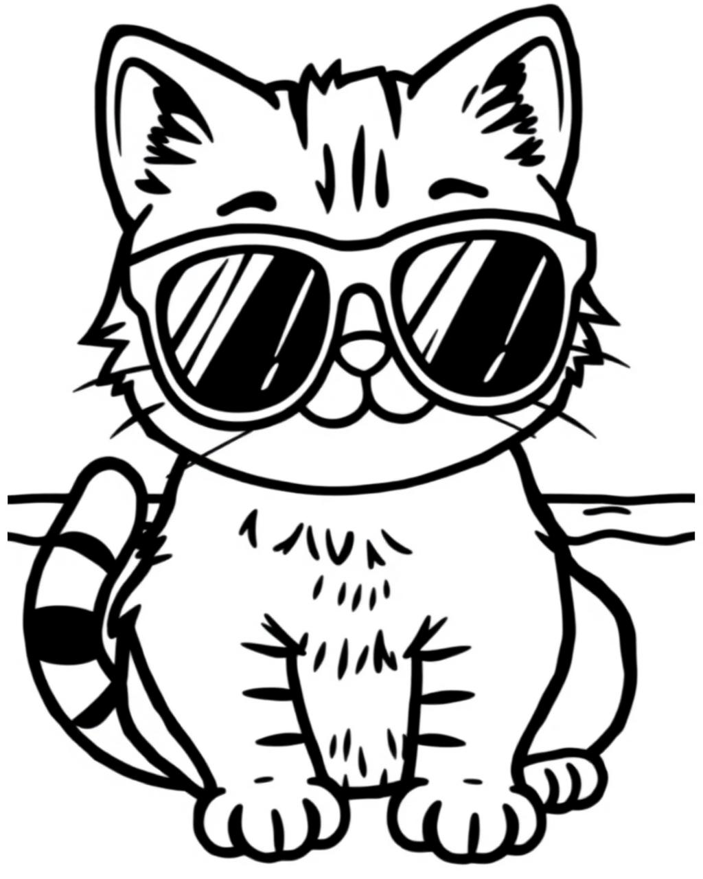 Coloring page of a cute cat wearing sunglasses at the beach