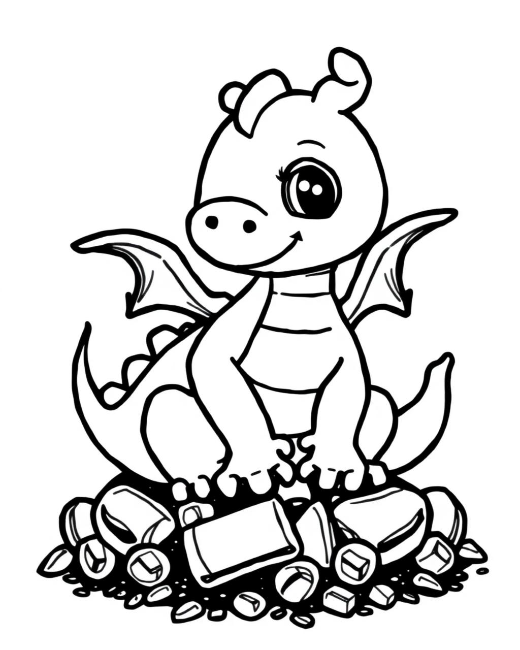 Coloring page of a friendly dragon sitting on a pile of treasure