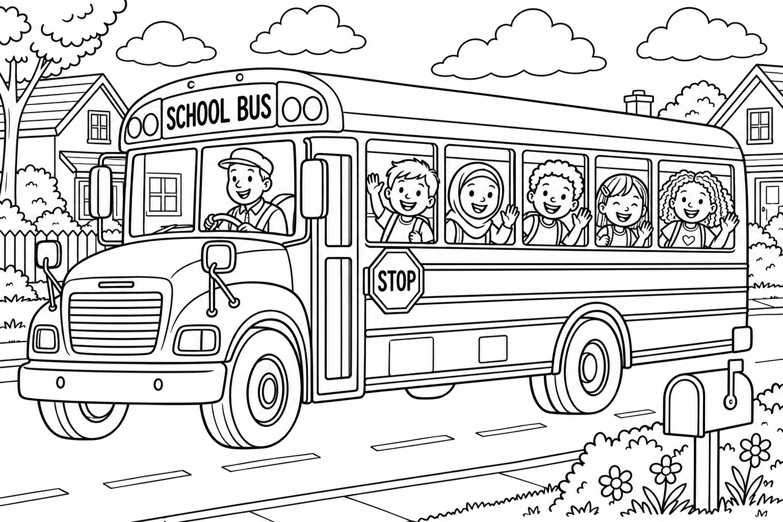 Coloring page of a friendly school bus with happy children waving from the windows
